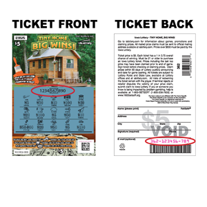 Examples of front and back of scratch ticket numbers to enter.